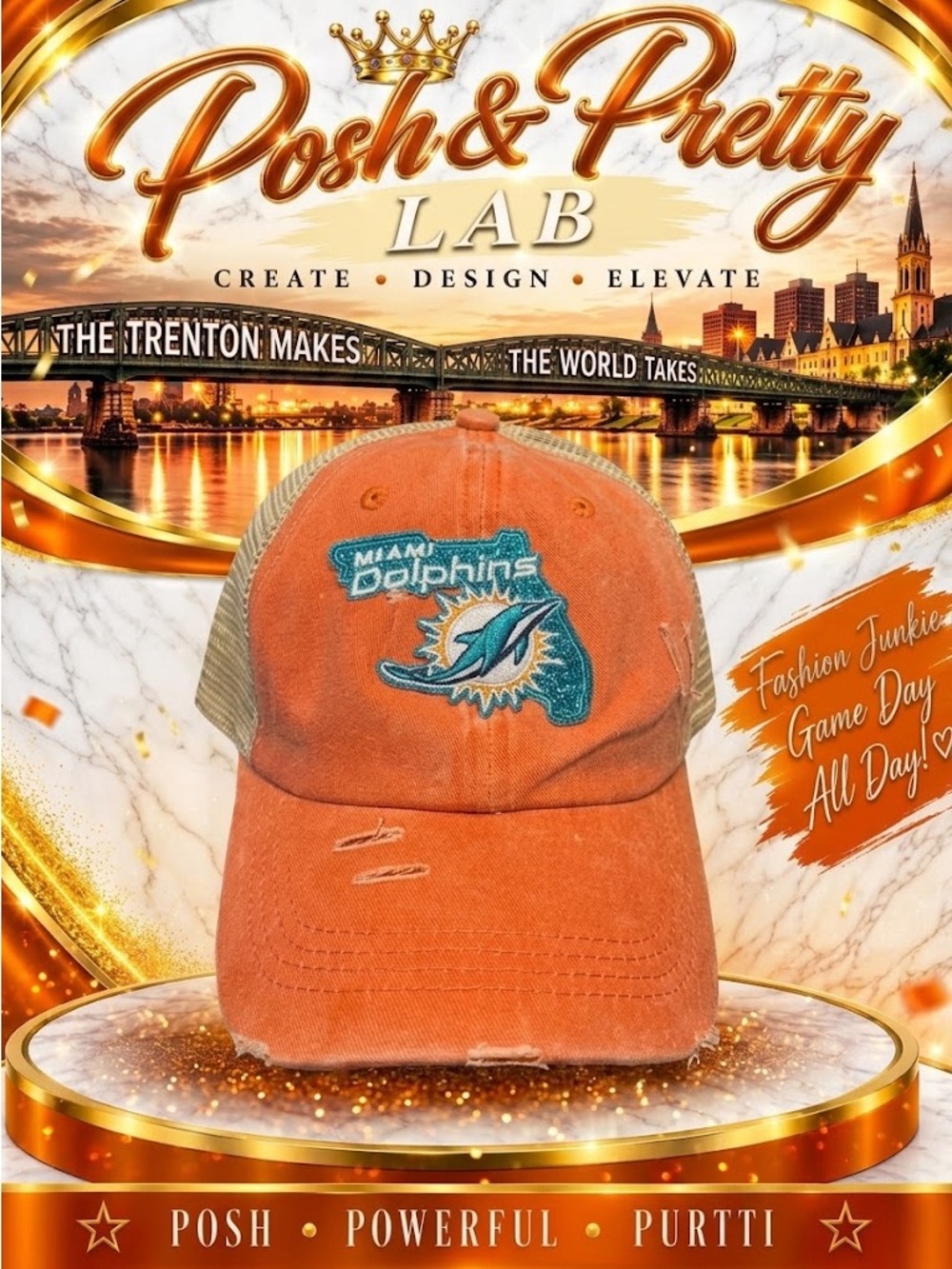 Miami Fins Orange Distressed Trucker Cap by